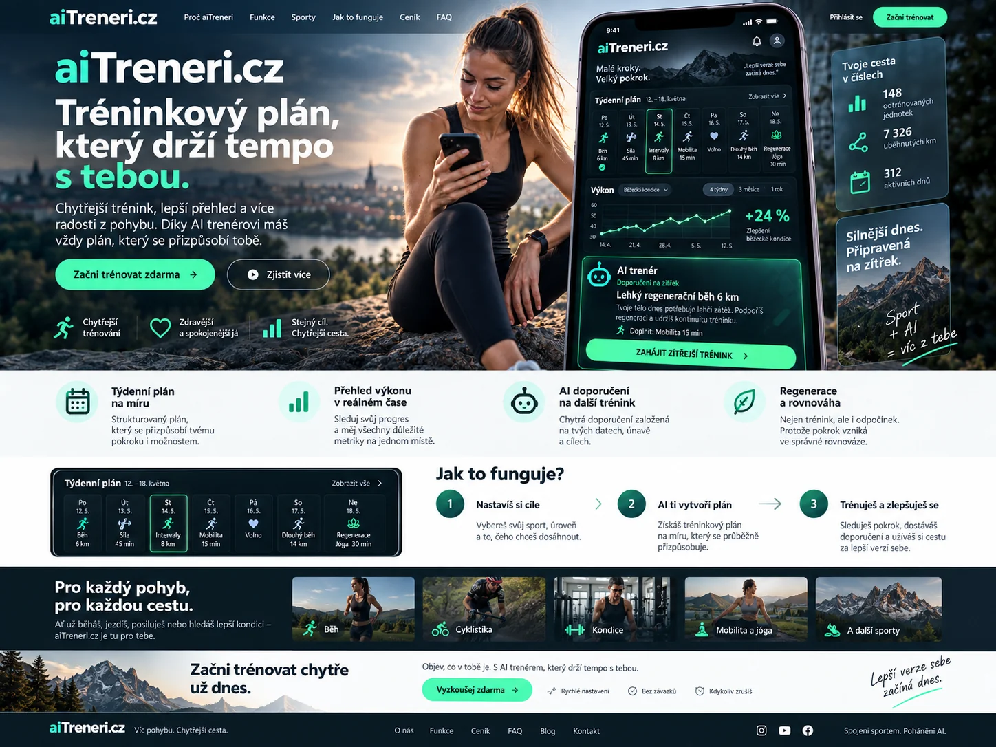 Ilustrační návrh aiTreneri.cz jako sportovní aplikace s digitálním AI trenérem a přehledem tréninku
